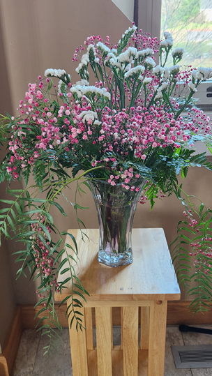 White Statice, Pink Gypsophila (Baby’s Breath), Leatherleaf Fern, & Pink Pepperberry Branches